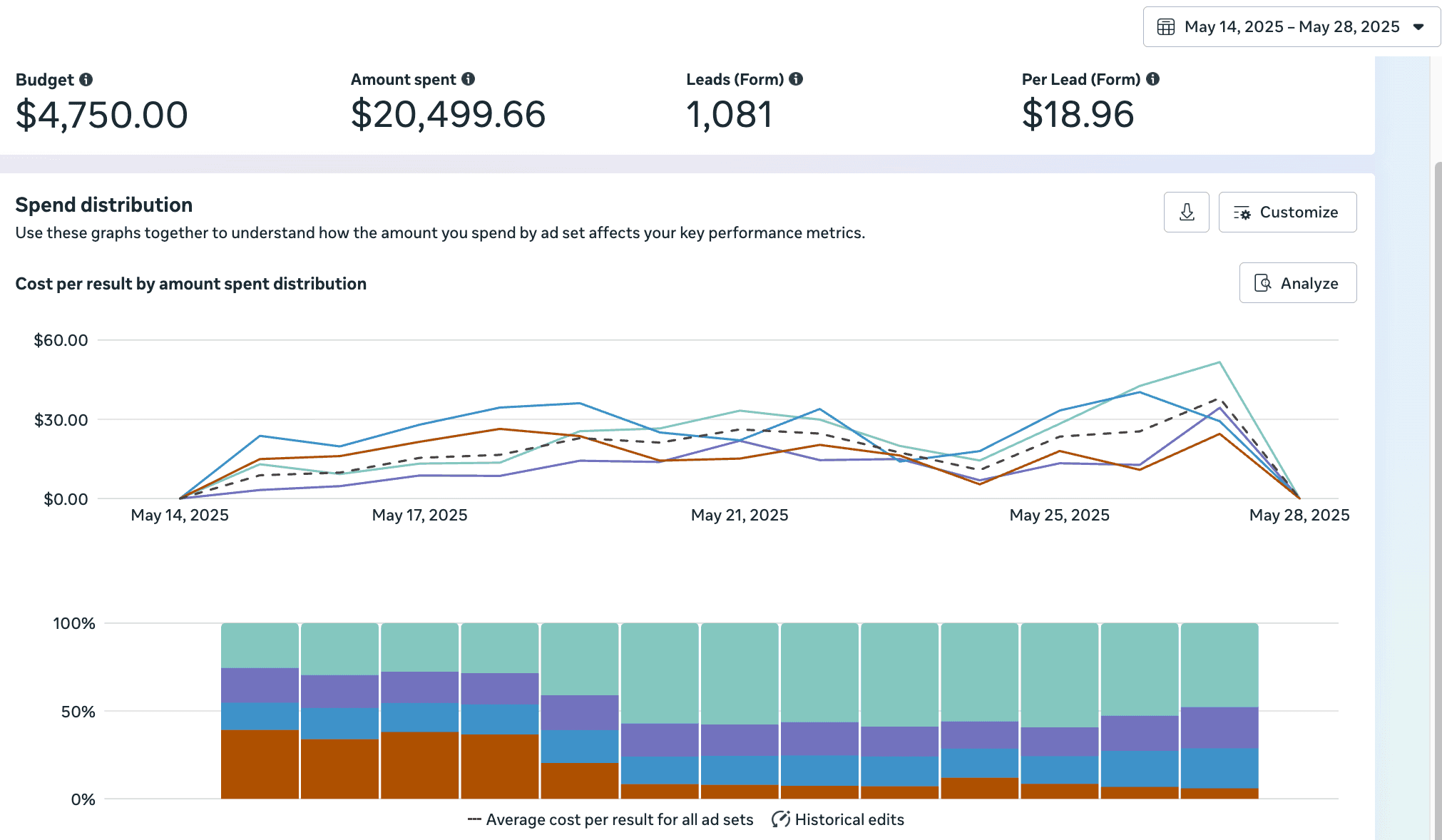 Meta Ads Manager lead generation results: 1,081 leads at $18.96 cost per lead