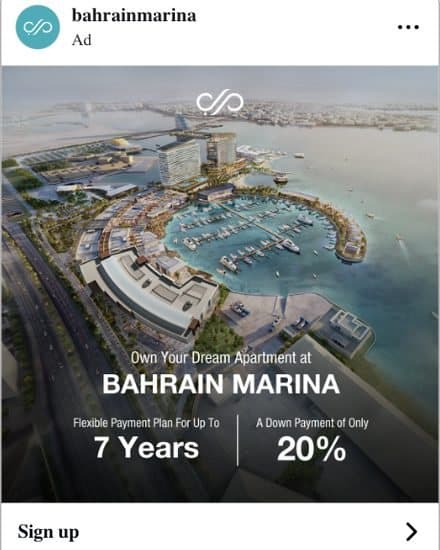 Bahrain Marina sponsored Instagram feed ad, own your dream apartment, 7-year payment plan and 20% down payment, with a Sign up button