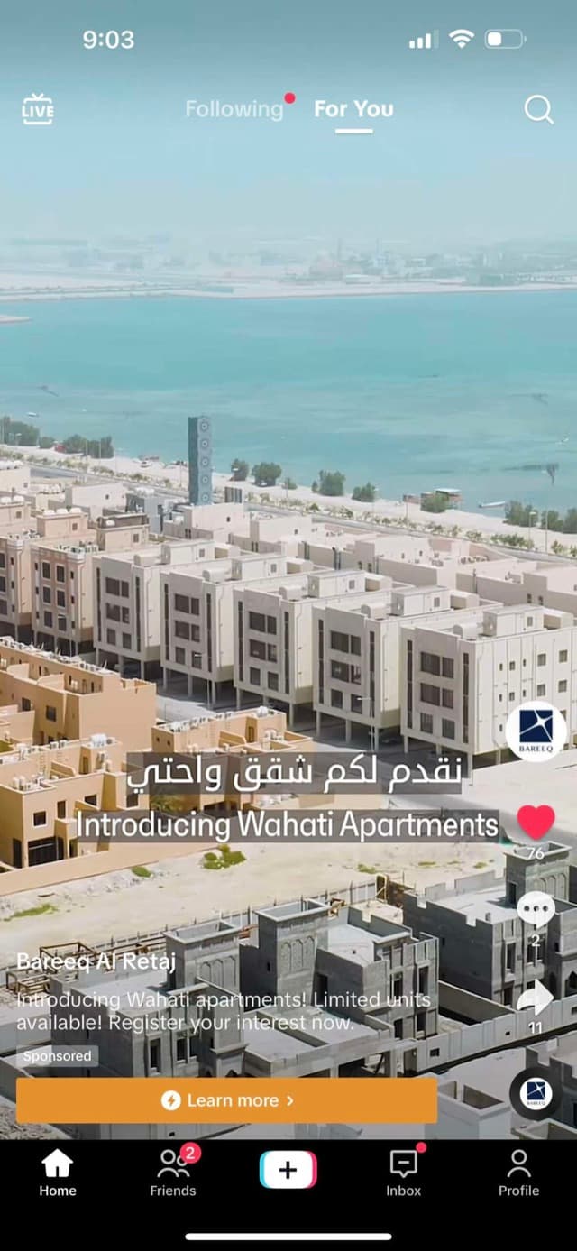 BAREEQ Wahati Apartments sponsored TikTok launch ad in Arabic with a Learn more button