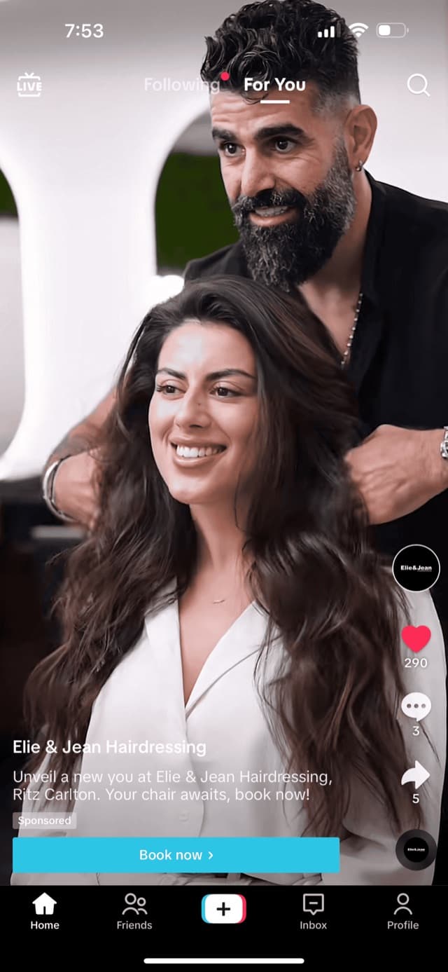Elie and Jean Hairdressing at the Ritz-Carlton sponsored TikTok ad with a Book now button