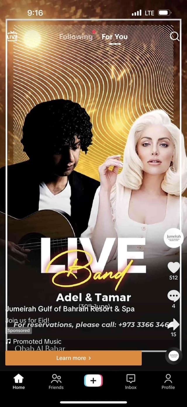 Jumeirah Gulf of Bahrain sponsored TikTok ad for a live band with a Learn more button