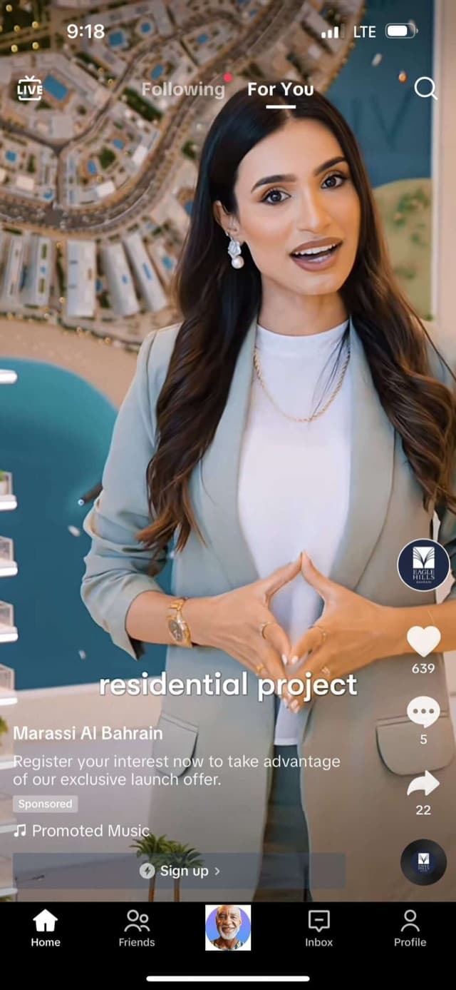 Marassi Al Bahrain residential project sponsored TikTok ad with a Sign up button