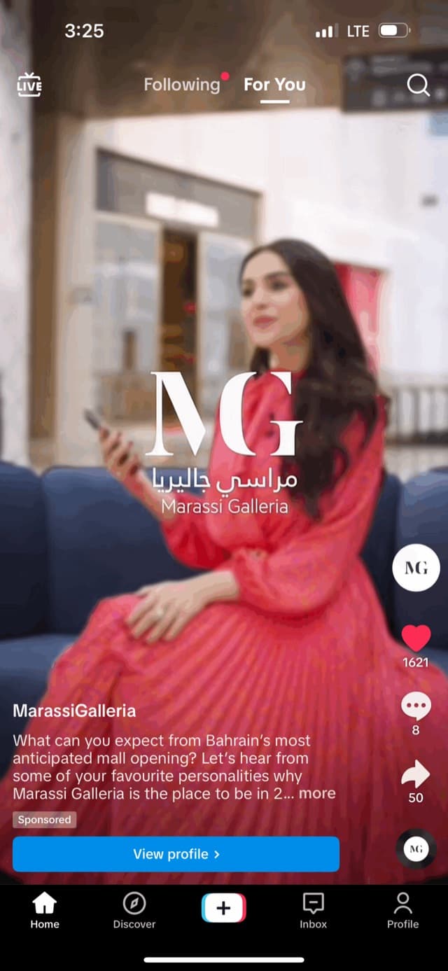Marassi Galleria sponsored TikTok influencer ad with a View profile button