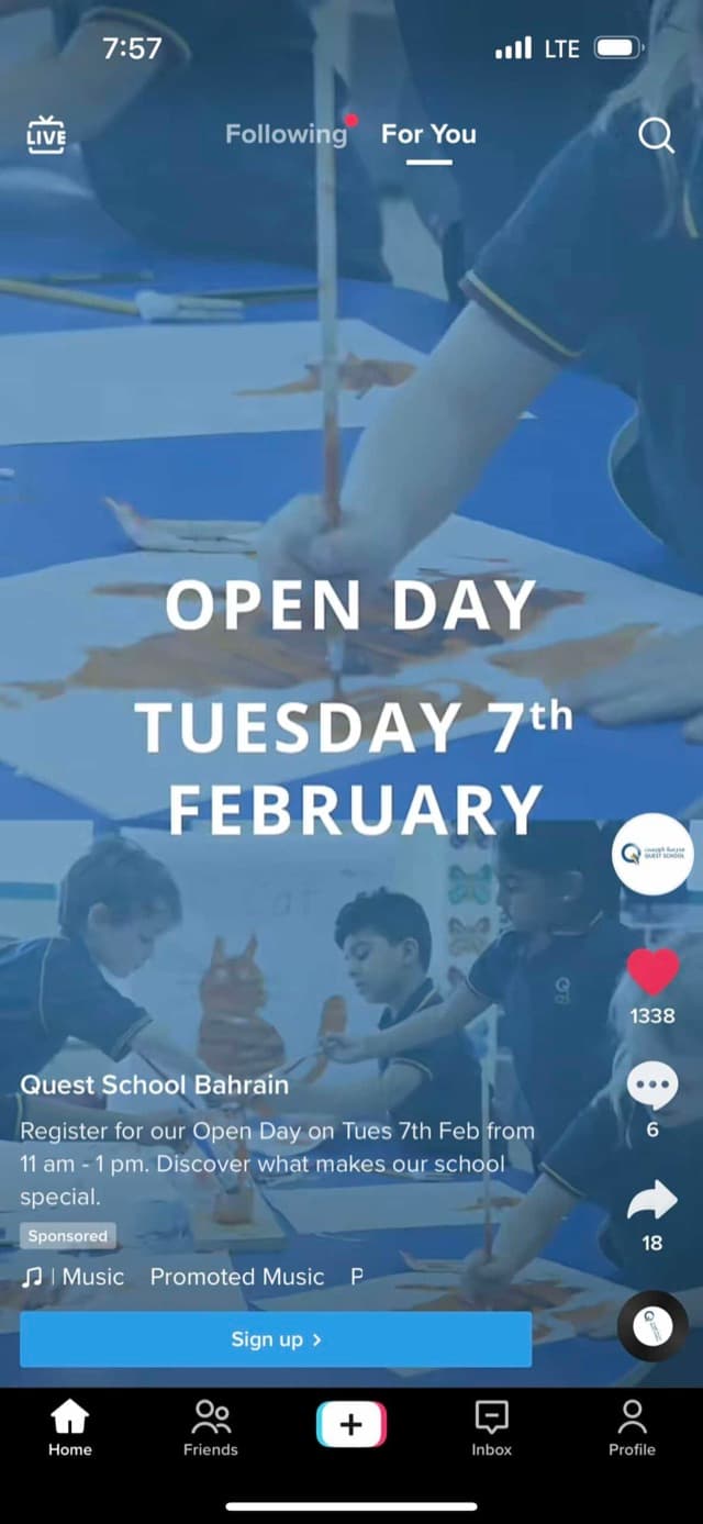 Quest School sponsored TikTok ad for an open day with a Sign up button
