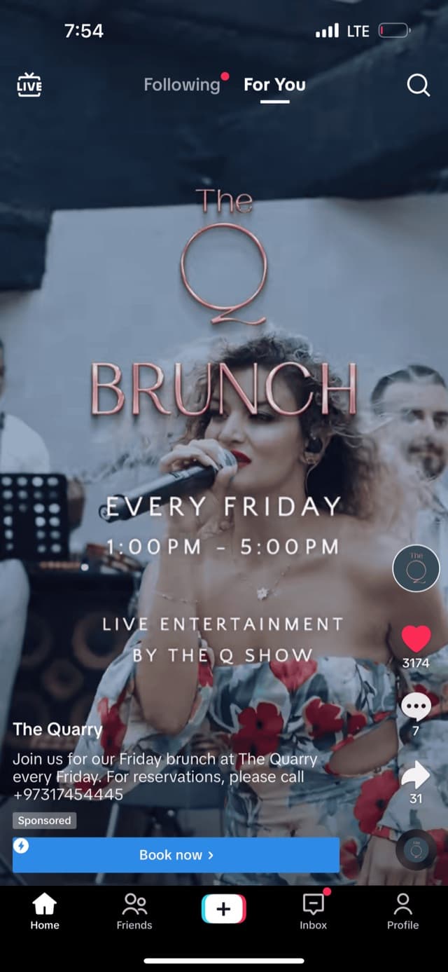 The Quarry Friday brunch sponsored TikTok ad with a Book now button and 3,174 likes